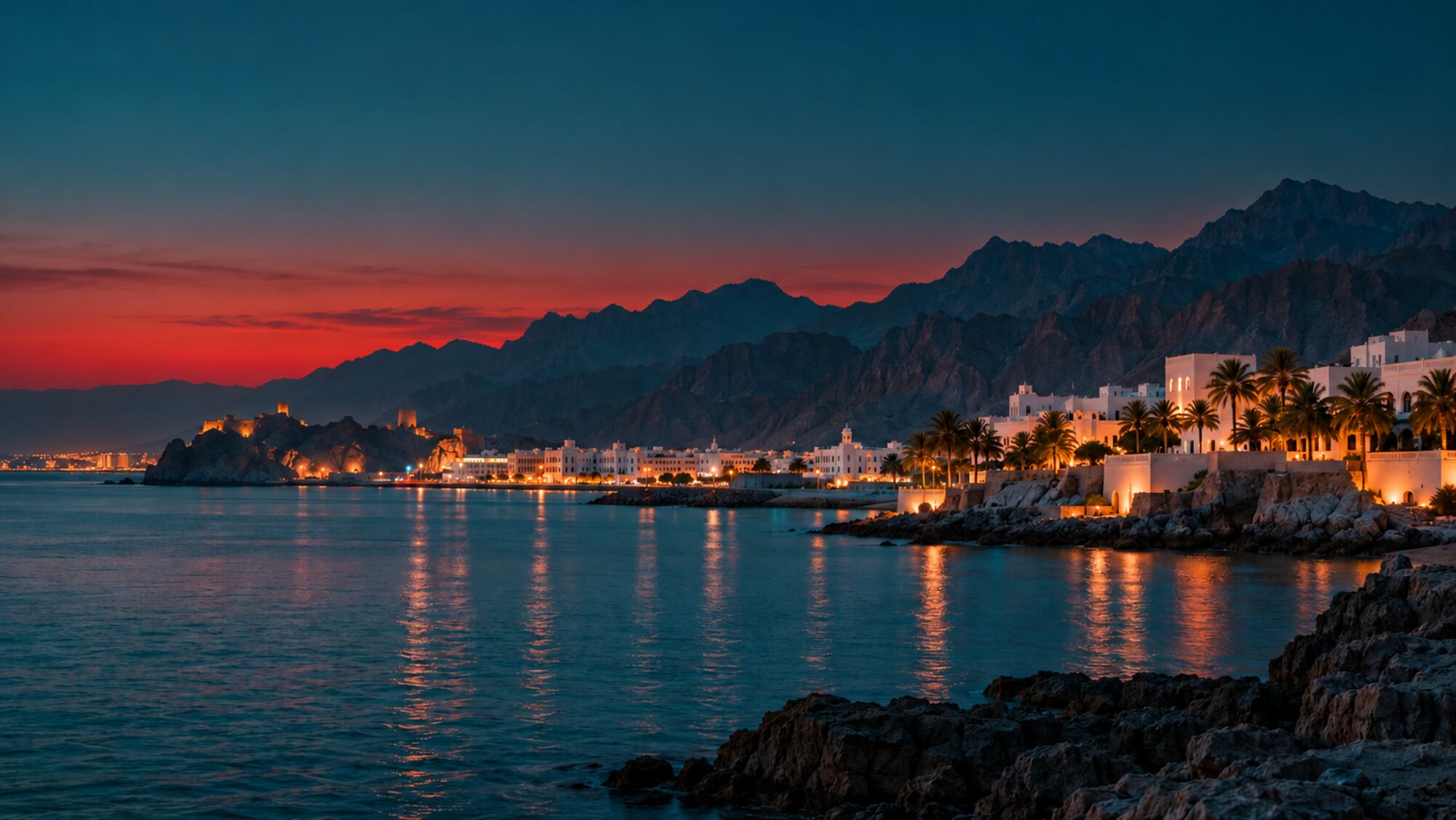 Muscat coastline and Hajar mountains at blue hour